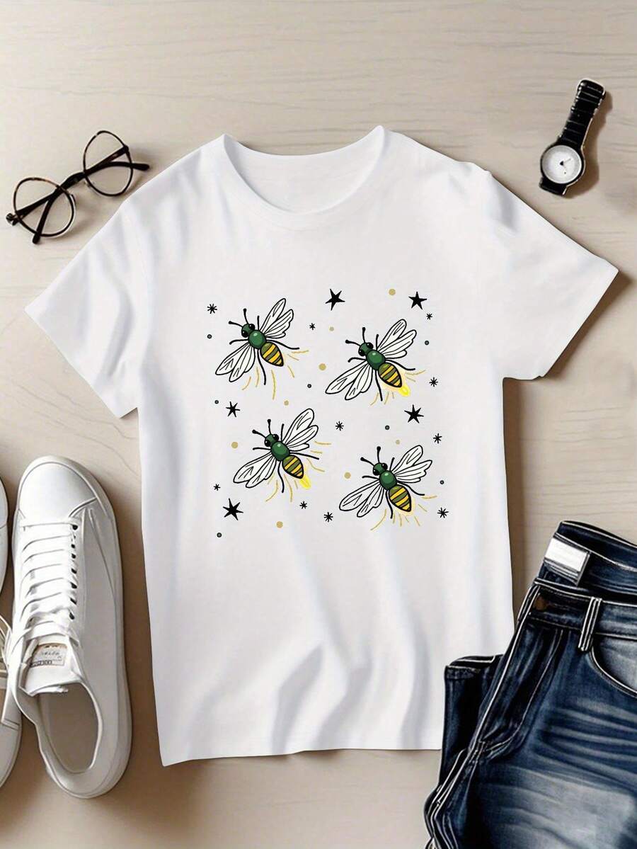 Camiseta de mujer con estampado de luciérnaga y estrellas, diseño peculiar de luciérnaga, manga corta, cuello redondo, top casual, ropa de mujer para primavera/verano. - Blanco - Ver 1