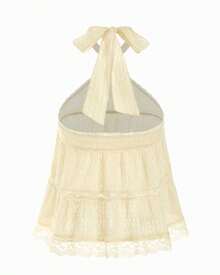 Women Halter Top, Sleeveless Tops Backless Lace Patchwork Summer Vest For Club Party - Light Yellow - View 6