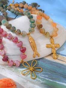 1pc Bohemian, Nautical, Girly Y2K Style Fashion: Elegant, Exquisite, Charming Light Luxury Sweet Stainless Steel Ocean Fish/Flower/Cross Heart Glass Bead Pendant Necklace, Suitable For Women, Sisters, Couples, Prom Or Graduation Gifts; Perfect For Valentine's Day, Daily Dates, Banquets, Parties, Holidays, Summer, Beach, Gifting, Vacation Wear Colorful Jewelry (Bead Color Random) - Multicolor - View 4