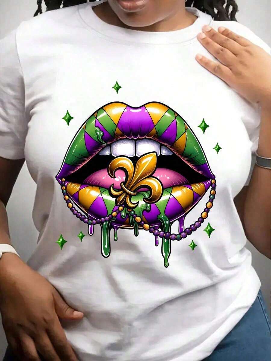 Camiseta con Diseño Gráfico de Labios y Cuentas de Flor de Lis para Mardi Gras, una Camiseta Perfecta para Regalar a Amigos y Familiares en Cualquier Día Festivo o Ocasión Especial, -Camiseta Unisex de Estilo Urbano Vintage, de Algodón, Manga Corta y Cuello Redondo - Blanco - Ver 1