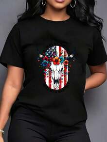 ropa de mujer Si yo fuera una vaquera Camiseta con estampado de calavera, flores y bandera de EE. UU. Camiseta casual de verano de manga corta Prenda básica casual para el día a día camisas de mujer - Negro - Ver 1