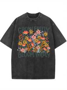 1 camiseta vintage lavada para mujer - 180g de peso pesado, cuello redondo, manga corta, estilo vintage |   Camiseta de estilo urbano, suave, transpirable y de corte holgado, adecuada para uso casual en primavera y verano, lavable a máquina, una opción de moda para el guardarropa femenino. 100% algodón, 180g. - Negro - Ver 1