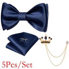 New Silk Bow Tie Set For Men, Available In 9 Colors, Includes Crown Flower Lapel Pin, Handkerchief And Cufflinks - A - View 18