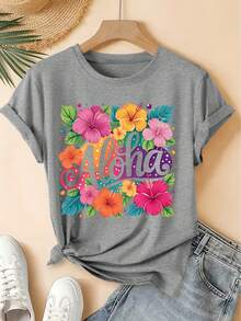 Aloha Tropical Hibiscus Flower Colorful Print Short-Sleeve Vintage Round-Neck T-Shirt, Fresh Forest Style Loose Top, 2026summer Party Commuter Women's - 灰色 - 查看 7