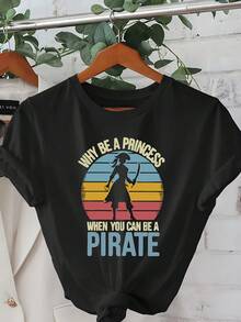 Camiseta de Mujer con Estampado "¿Por Qué No Ser Pirata en Lugar de Princesa?"- Camiseta casual de manga corta y cuello redondo, diseño de pirata de dibujos animados, rayas de colores brillantes, camiseta ligera para primavera-verano, ajuste cómodo, blusas para mujer, blusas, blusas casuales para mujer, tops para mujer, tops, unisex. - Negro - Ver 1