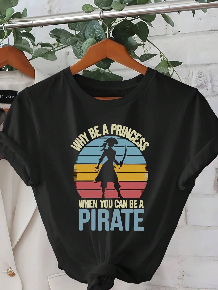 Camiseta de Mujer con Estampado "¿Por Qué No Ser Pirata en Lugar de Princesa?"- Camiseta casual de manga corta y cuello redondo, diseño de pirata de dibujos animados, rayas de colores brillantes, camiseta ligera para primavera-verano, ajuste cómodo, blusas para mujer, blusas, blusas casuales para mujer, tops para mujer, tops, unisex. - Negro - Ver 1