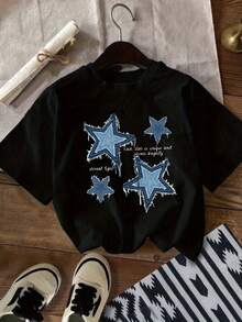 Women's Loose Fit Retro Style T-Shirt With Star Print, Denim Star Design With Inspirational Phrase "Every Star Is Unique", Breathable And Comfortable, Short Sleeve, Soft Cotton Round Neck, Ideal For Casual Outings And 90s Aesthetic Fashion Looks. - 黑色 - 查看 4