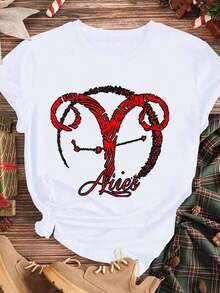 Elegant And Casual Women's Short-Sleeved White T-Shirt With Aries Zodiac Sign Print, Casual Wear, Summer Fashion Top. - 白色 - 查看 3