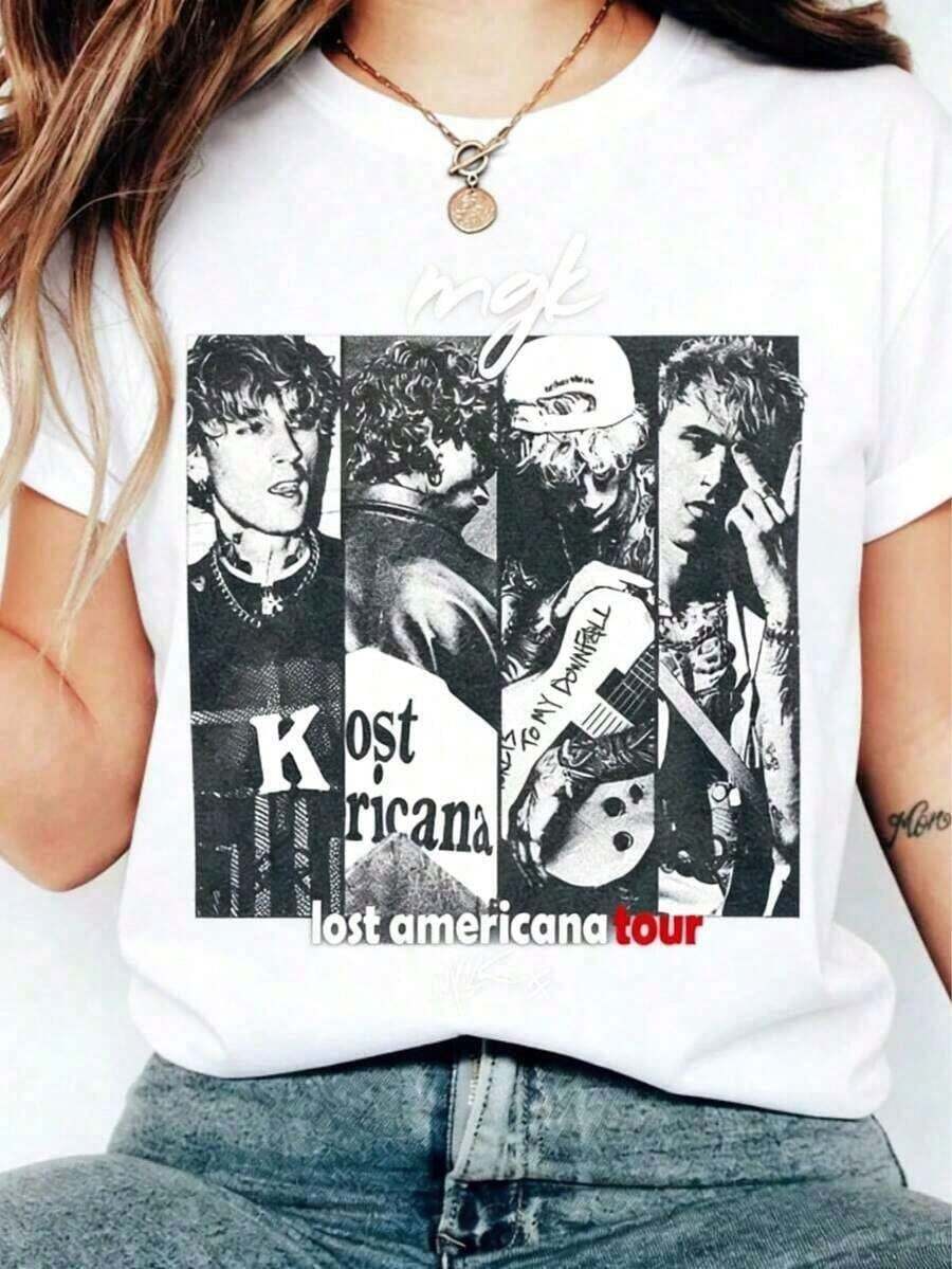 Camisetas de Algodón para Mujer, Camiseta MGK Lost Americana Tour, Camiseta Lost American Tour 2025, Camiseta Pop Rock Unisex con Estampado Y2K de Cuello Redondo para Mujer, Vacaciones, Primavera, Ropa de Verano para Mujer, Atuendo de Pascua para Mujer - Blanco - Ver 1