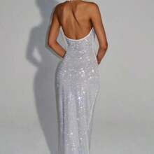 Women's Summer Deep V-Neck Sleeveless Halter Dress - Sequin-Embellished, Backless, Empire Waist, Bodycon Style - Vacation-Inspired - Vàng - Xem 5