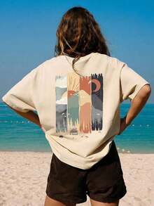 Cómodo Camiseta de mujer de manga corta y cuello redondo informal - Estampado impreso, tela suave y cómoda, lavable a máquina, blusas de verano, playeras de mujer algodon - Albaricoque - Ver 6