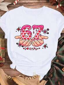 Elegant And Casual Women's Short-Sleeved Cute Valentine's Day T-Shirt, Number 67 In Candy Pink With Heart And Star Print, White Casual Wear For Spring And Summer. - 白色 - 查看 3