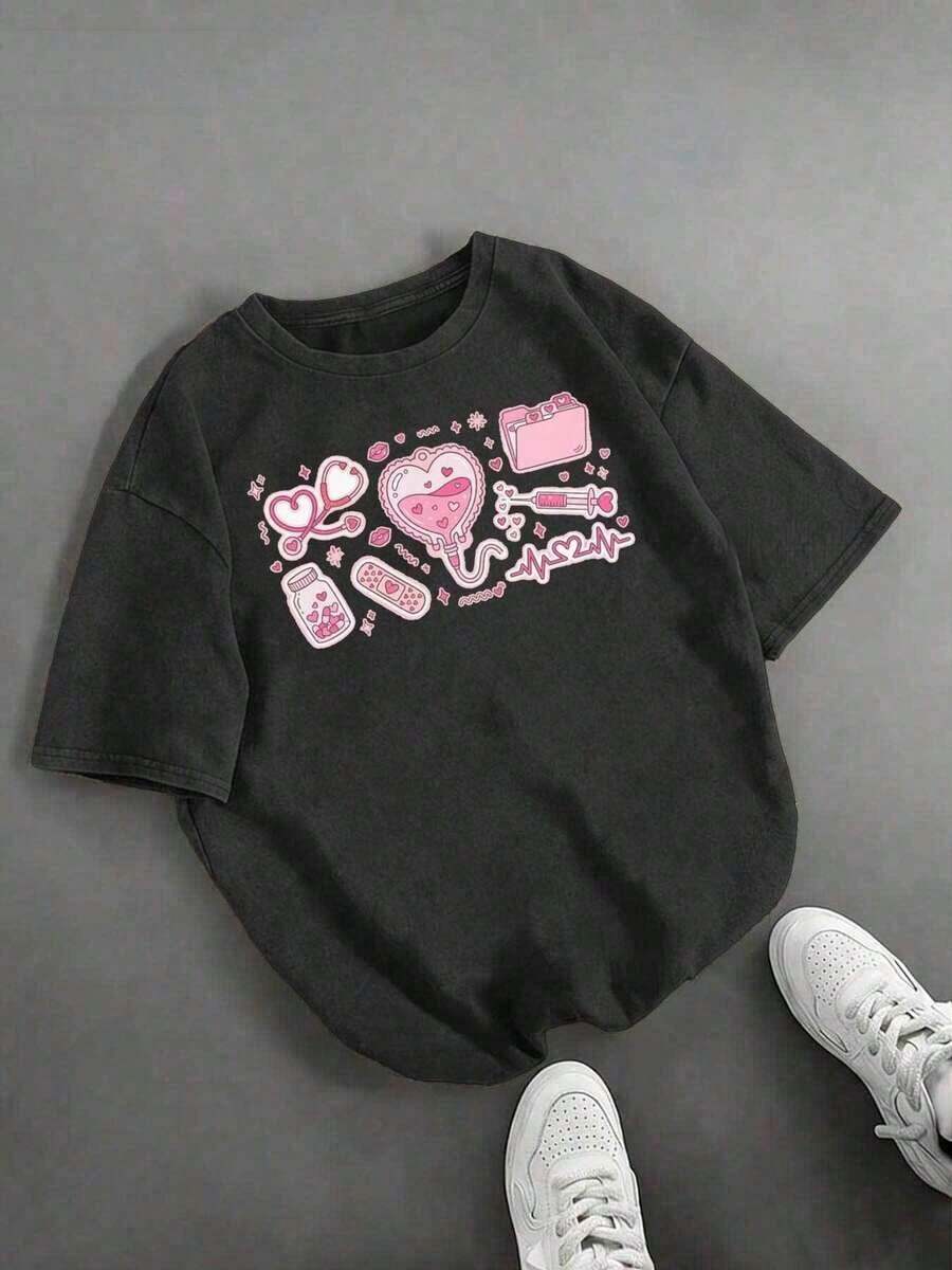 Camiseta de algodón lavado vintage de corte holgado, camiseta con estampado de corazón rosa para enfermeras y estudiantes de medicina, camisa casual de moda de manga corta unisex para verano, cómoda y versátil, regalo ideal. - Negro - Ver 1