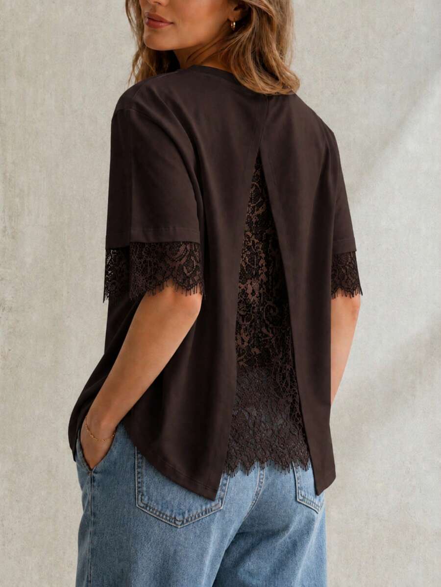 RoseArya Premium Cotton Lace Sleeve & Back T-Shirt - Brown - View 1