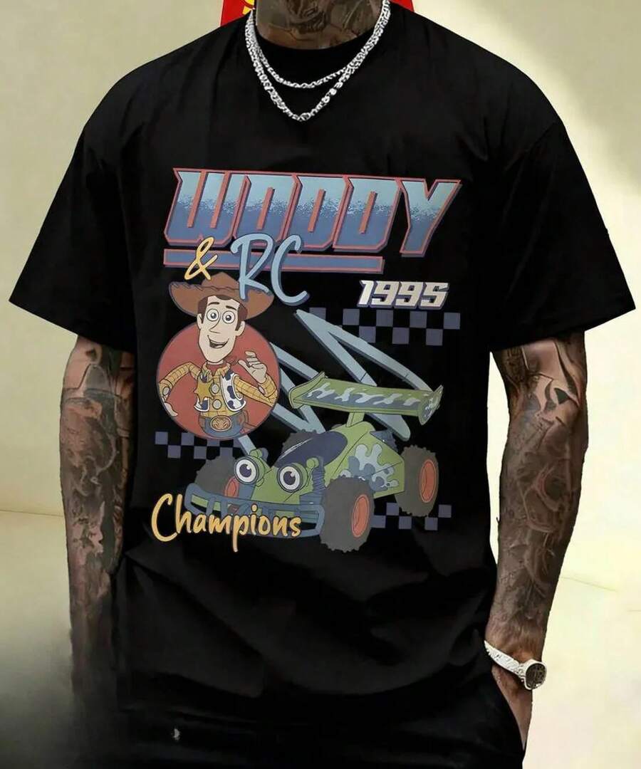 Camisetas gráficas de algodón 100% con estampado de   Woody y RC Racing Champions, camiseta de  de cuello redondo unisex, estilo vintage urbano, camiseta unisex de algodón suelto de manga corta con cuello redondo, blusas para mujer. blusas.blusas casuales para dama. - Negro - Ver 1
