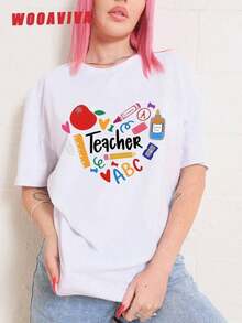 Y2K Style,  Style, The Newest Of 2026, Cute Style, Casual Style. Women's Plus Size T-Shirt, 100% Soft Cotton, Fashionable For Summer, Y2K Cleanfit Style, Slim Fit, Colorful, ABC Teacher Design, Perfect Gift For Teachers, School Professors, Back To School, Teacher Appreciation, Casual, Perfect For All Seasons, Women's T-Shirts 180g (Sizes S-XXXL) - 白色的 - 查看 1