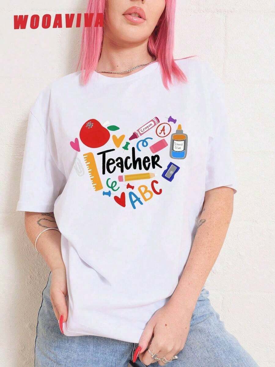 Y2K Style, Style, The Newest Of 2026, Cute Style, Casual Style. Women's Plus Size T-Shirt, 100% Soft Cotton, Fashionable For Summer, Y2K Cleanfit Style, Slim Fit, Colorful, ABC Teacher Design, Perfect Gift For Teachers, School Professors, Back To School, Teacher Appreciation, Casual, Perfect For All Seasons, Women's T-Shirts 180g (Sizes S-XXXL) - 白色的 - 查看 1