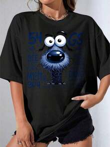 Camiseta Negra y Blanca para Niña, Camiseta Blanca con Diseño de Monstruo Azul y Texto para Uso Casual, Fiesta al Aire Libre, Camiseta Estampada Casual de 180g - Negro - Ver 7