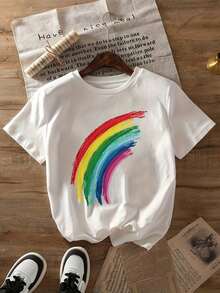 Women's 1-Piece T-Shirt, Casual Women's T-Shirt With Rainbow Print, Short Sleeve Summer Top With Round Neck, Cotton Knit Fabric, Geometric Pattern Design, Women's Night Out T-Shirt - 白色 - 查看 1