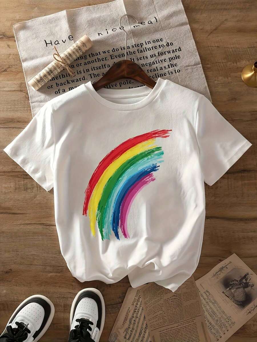Women's 1-Piece T-Shirt, Casual Women's T-Shirt With Rainbow Print, Short Sleeve Summer Top With Round Neck, Cotton Knit Fabric, Geometric Pattern Design, Women's Night Out T-Shirt - 白色 - 查看 1