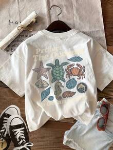 Camiseta de edición limitada con estampado gráfico, manga corta, cuello redondo, top casual para verano y primavera, ropa de mujer, algodón ligero. - Blanco - Ver 2