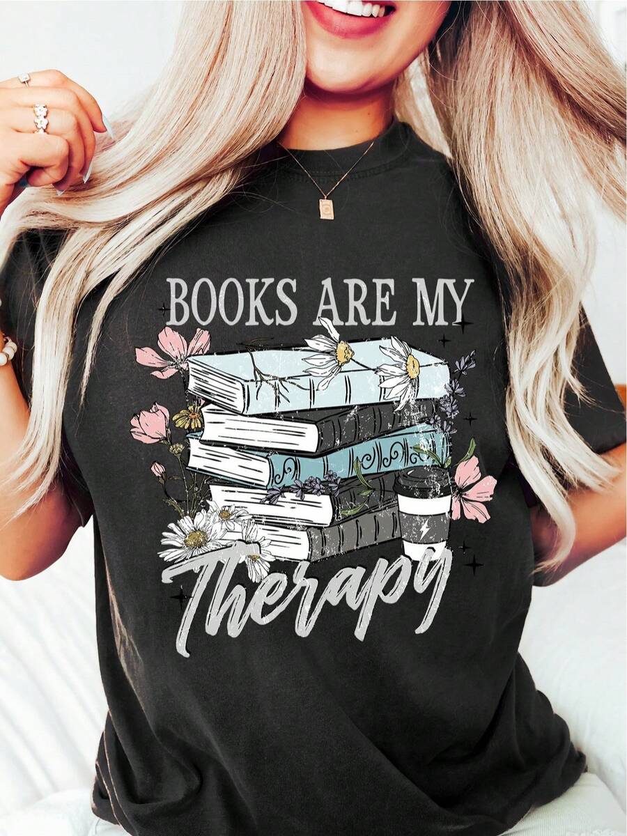 Women's Casual Short Sleeve T-Shirt, For Summer Vacation, For Book Lovers, T-Shirt With The Phrase "Books Are My Therapy", Funny T-Shirt For Readers, Bookworm Graphic T-Shirt, Nice Gift For Readers, T-Shirt For Literary Enthusiasts, Gift For Book Lovers - 黑色 - 查看 1