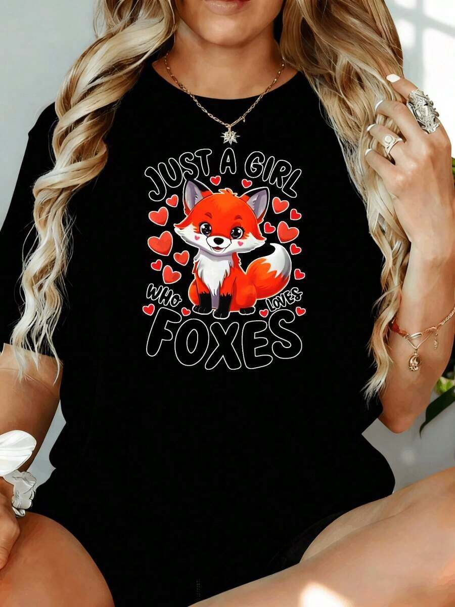 Solo Una Chica Que Ama A Los Zorros, Camiseta de Mujer con Estampado de Animal Bonito, 180g, para Ocio en Casa y al Aire Libre, Regalo para el Día de San Valentín o Fiesta - Negro - Ver 1
