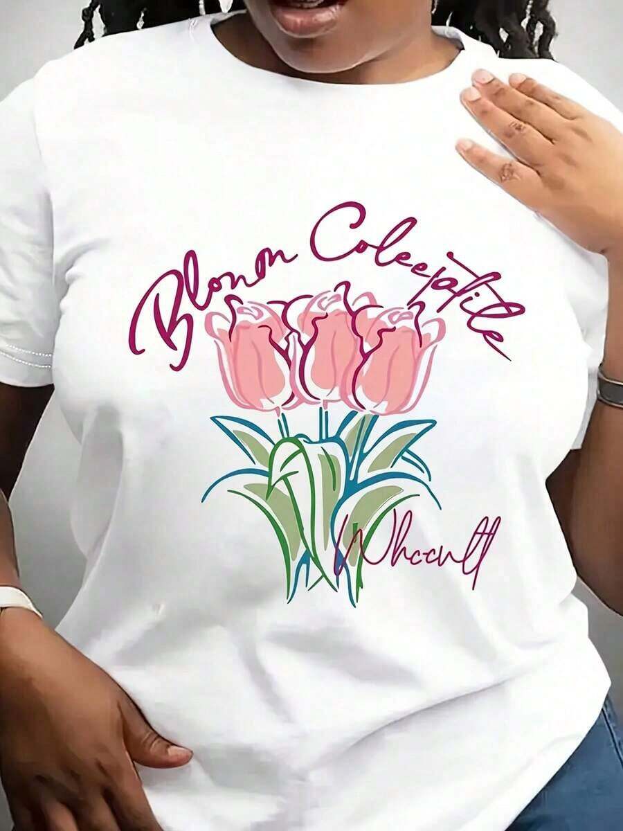 Camiseta Suave y Transpirable para Mujer - Estampado Floral de Tulipanes y Rosa Vibrante, Cuello Redondo, Camiseta Casual, Fibra Natural, Lavable a Máquina para Conjuntos de Primavera y Verano, Camiseta Casual con Diseño de Tulipanes Vibrantes, Material Transpirable - Blanco - Ver 1