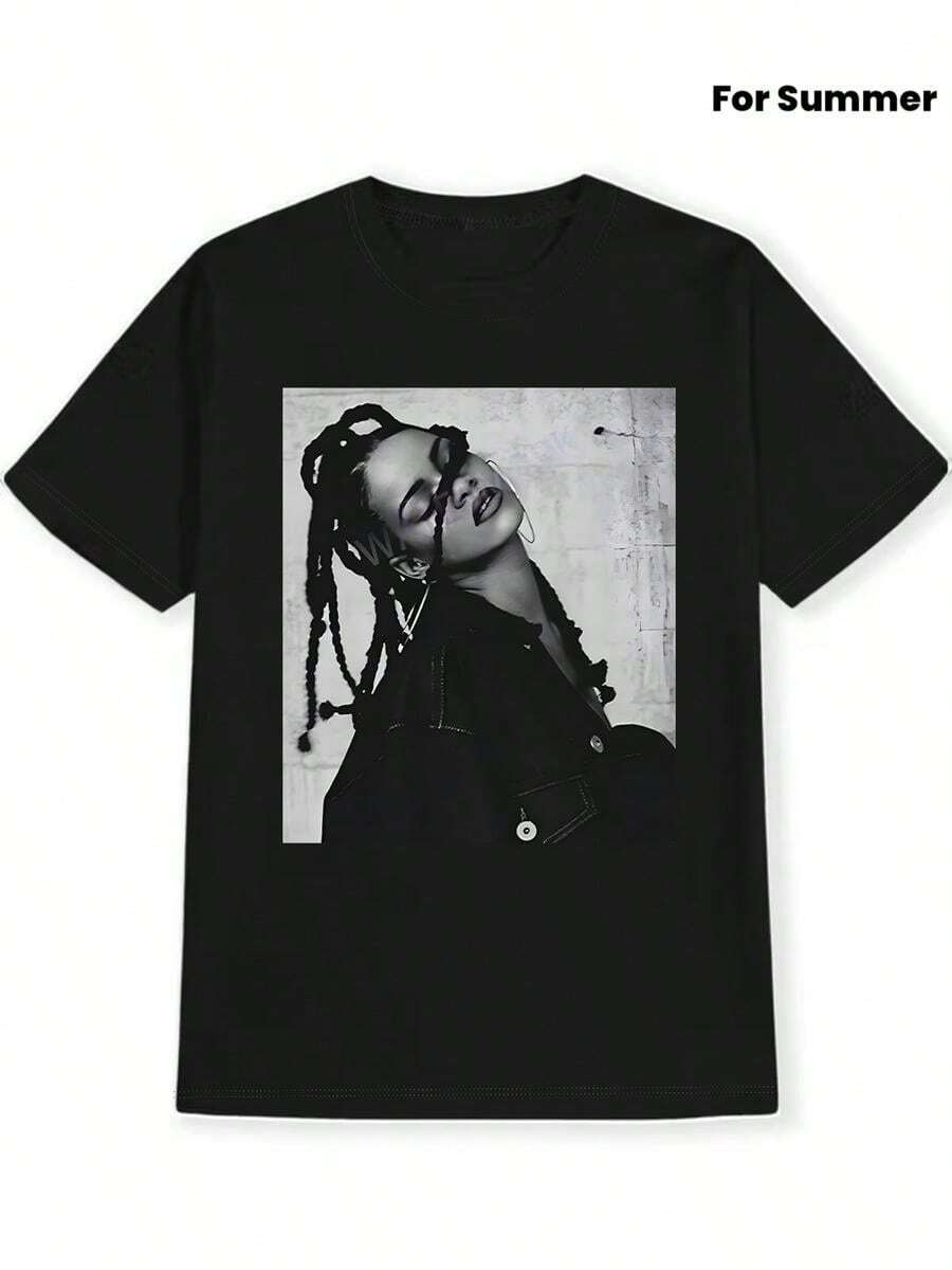1 Camiseta de manga corta con cuello redondo para mujer, con estampado artístico de retrato de moda Casual, perfecta para el verano, regalo ideal de cumplea?os y vacaciones - Negro - Ver 1