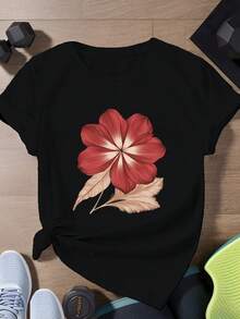 Camiseta de estilo artístico con patrón de pétalos y hojas rojas para mujer, nueva, de verano, versátil, casual, de corte ajustado y manga corta. - Negro - Ver 6