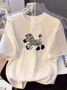 Camiseta de manga corta blanca de algodón puro para mujer, nueva y popular en 2025, con estampado de dibujos animados de cebra, corte holgado. - Blanco - Ver 2