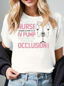 Camiseta Divertida para Enfermeras con Estampado de Bomba de Infusión - Top Casual de Manga Corta para Profesionales de la Salud, Cuello Redondo (Negro, Gris, Blanco, Rojo Oscuro) - Ideal para Iniciar Conversaciones con Trabajadores de la Salud, 100% Algodón - Blanco - Ver 7