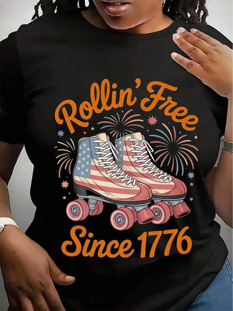 "Rollin' Free Since 1776" T-Shirt, American Roller Skates, Patriotic Sweatshirt, Unisex Clothing, American Pride - 黑色 - 查看 1