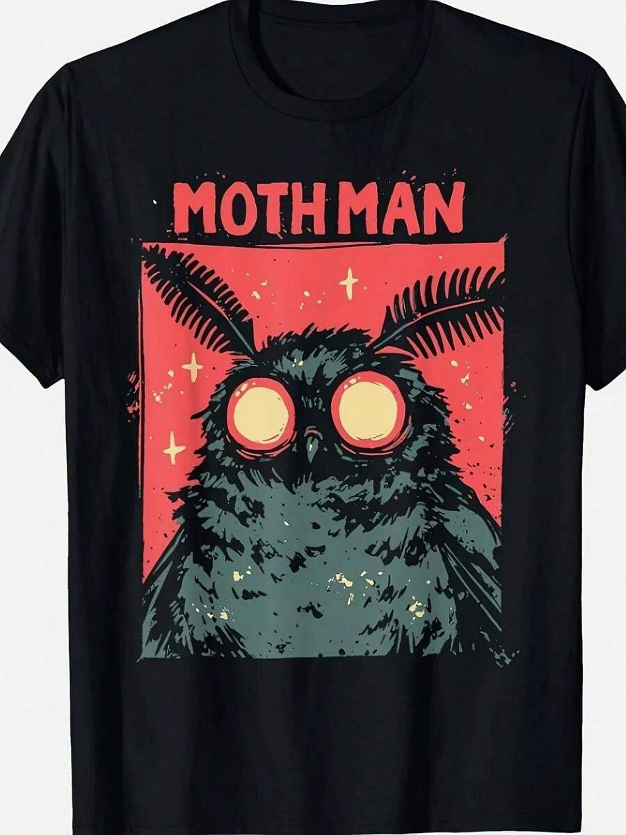 Camiseta de Misterio Cryptid y Mothman para Hombres - Estampado de la Leyenda de Virginia Occidental con Ojos Brillantes, Camiseta Casual de Verano para Entusiastas de lo Sobrenatural, Cuello Redondo - Negro - Ver 1
