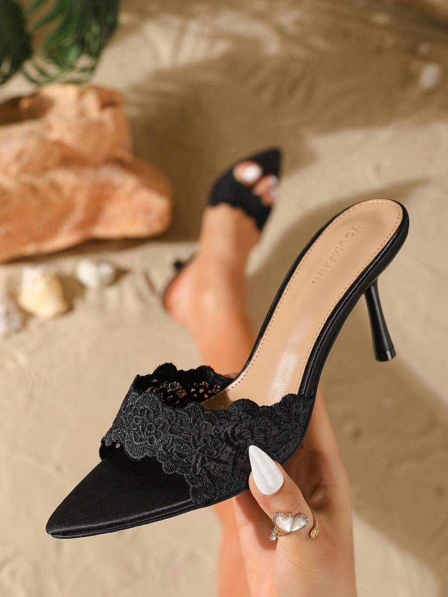 Black Mesh Open Toe Pointed Toe Stiletto High Heel Slide Sandals Women's Formal Sandals - Black - View 1