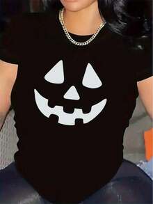 100% cotton Camiseta de Manga Corta con Diseño de Calabaza para Fiestas de Halloween, Tejido de Poliéster Duradero, Ajuste Cómodo, Ideal para Eventos en Interiores/Exteriores, Top de Disfraz Festivo, Ropa Ligera y Transpirable - Negro - Ver 1