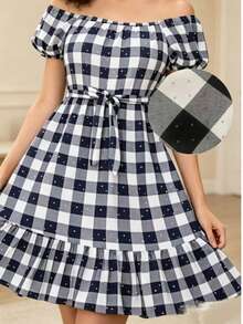 Casual Short Dress With Front Buttons, Long Sleeves, And A Plaid Print. - 白色 - 查看 3