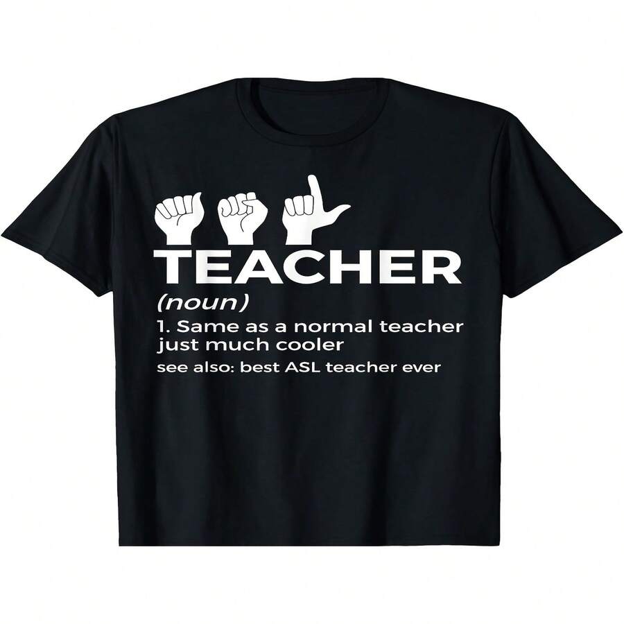 Camiseta exclusiva para el Día de la Independencia y el Día del Padre, decorada con un divertido lenguaje de se?as americano definido por un profesor, corte regular, cómoda y a la moda, unisex, para verano de 2025, manga corta, estampada, 220 g. - Negro - Ver 1
