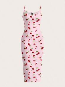 Vestido camisero de longitud completa ajustado con estampado de cerezas, adecuado para el verano - Multicolor 2 - Ver 1