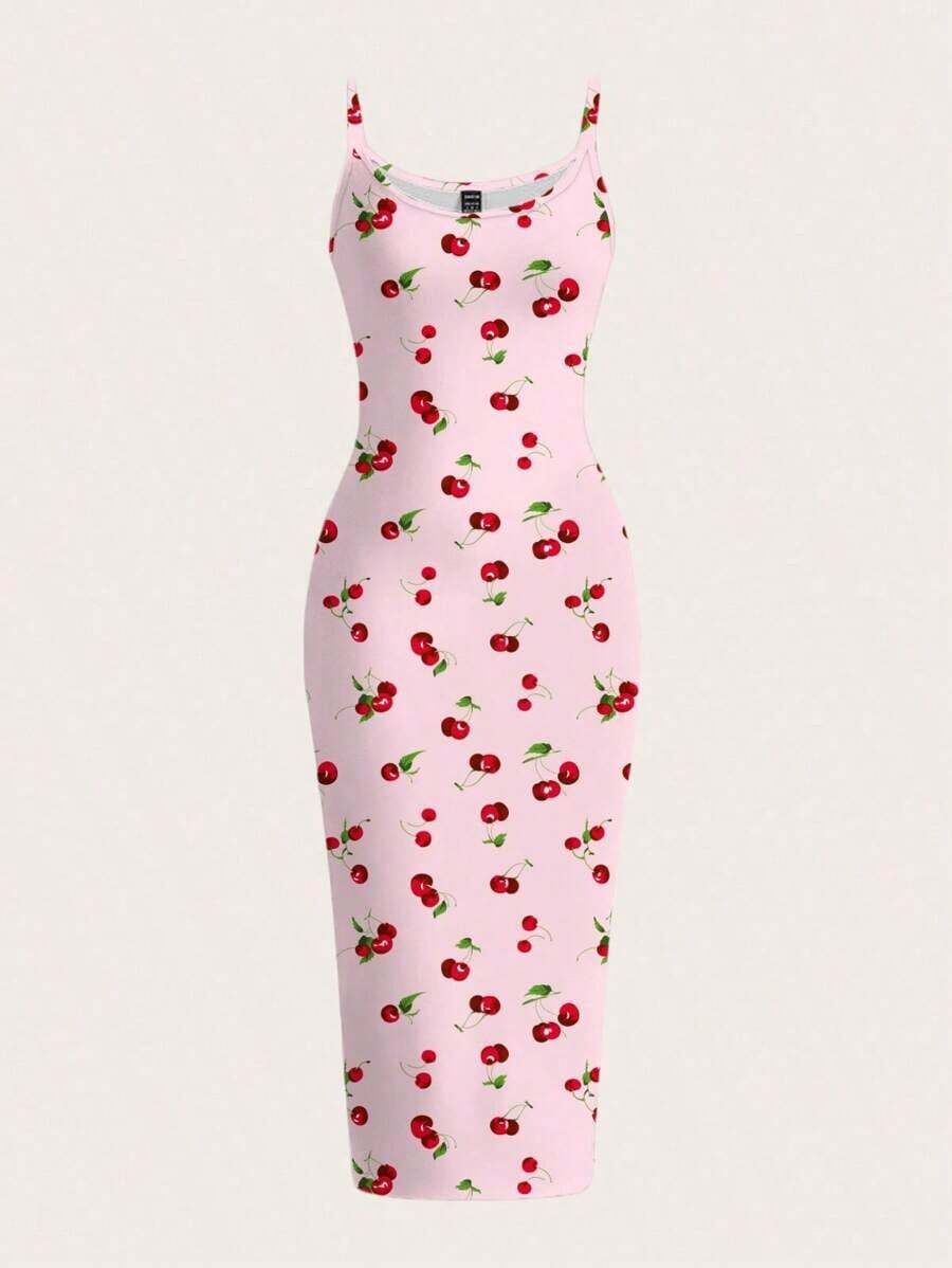 Vestido camisero de longitud completa ajustado con estampado de cerezas, adecuado para el verano - Multicolor 2 - Ver 1