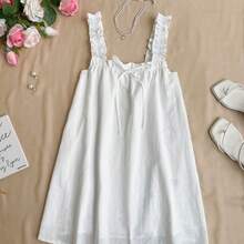 Vacation Style Simple Frill Strap Solid Color Collared A-Line Mini Dress, Summer - Negro - Ver 6