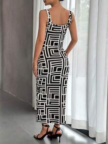 Vestido ajustado de tirantes con estampado geométrico - Blanco y Negro - Ver 2