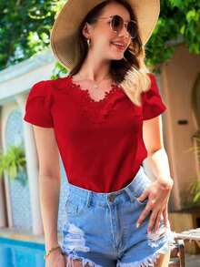 Clasi Camisa de unicolor con escote en V y mangas abultadas para vacaciones y uso casual, blusas de manga corta - Rojo - Ver 5