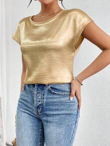 Blusa holgada y elegante casual con hombros de lámina metálica para mujer; Blusa de unicolor de satén con mangas tipo murciélago y cuello plisado para mujer - Champán - Ver 6