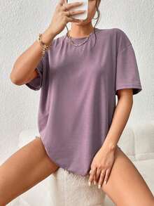 Camiseta de hombros caídos unicolor - Púrpura malva - Ver 6