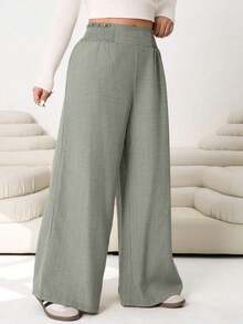 2026 Primavera/Verano Nuevos pantalones casuales para uso diario, fiestas, ir al trabajo, volver al colegio, citas, en casa, fiestas de cumpleaños, para múltiples ocasiones, con cintura elástica holgada, pernera ancha, color beige, talla grande - verde menta - Ver 3