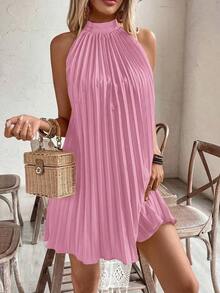 Vestido plisado con hombros abiertos y estampado para vacaciones, conjunto de ropa de playa para vacaciones - Rosa - Ver 5