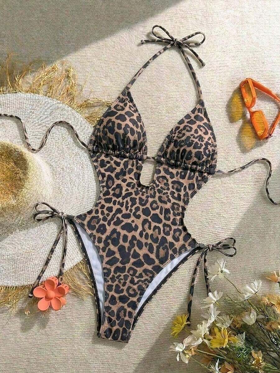 Traje de baño de una pieza con escote en y espalda descubierta, de punto jacquard con textura, color verde oliva, adecuado para vacaciones en la playa - Multicolor - Ver 1