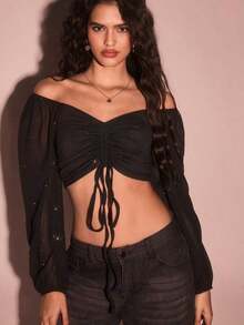 Blusa de manga farol con cuello de corazón y pliegues, corta - Negro - Ver 5