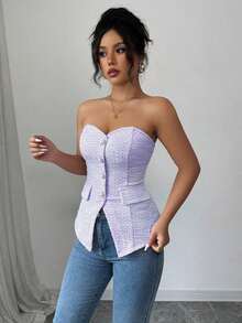 Top corto ajustado de verano para mujer con textura rosa, con detalle de botón de perla - Morado - Ver 1